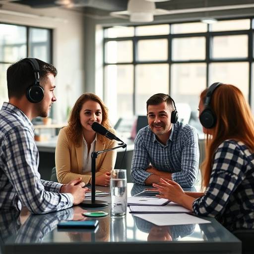 A group of people collaborating around a table, brainstorming marketing strategies for a podcast.