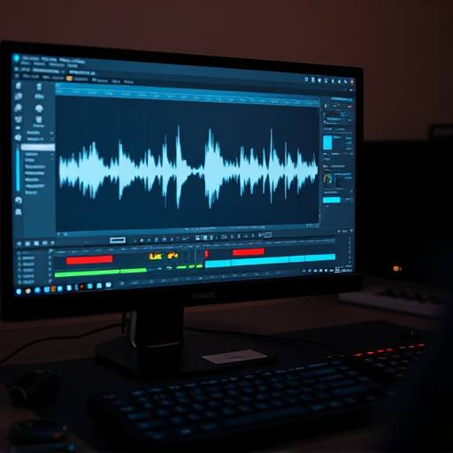 Audio editing software on a computer screen, showing waveforms and editing tools.