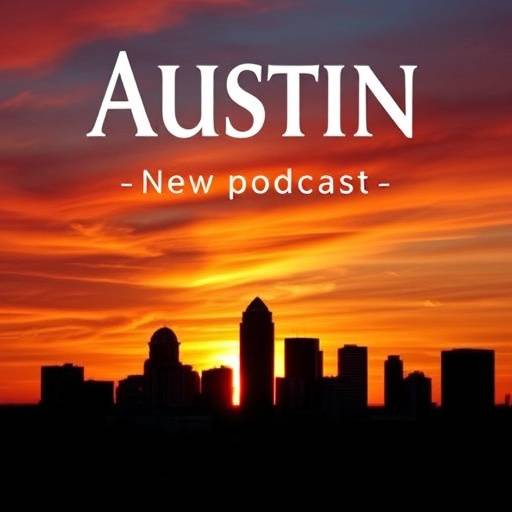 Podcast cover art for 'Austin Adventures' - a local travel podcast. Features a silhouette of the Austin skyline against a vibrant sunset.