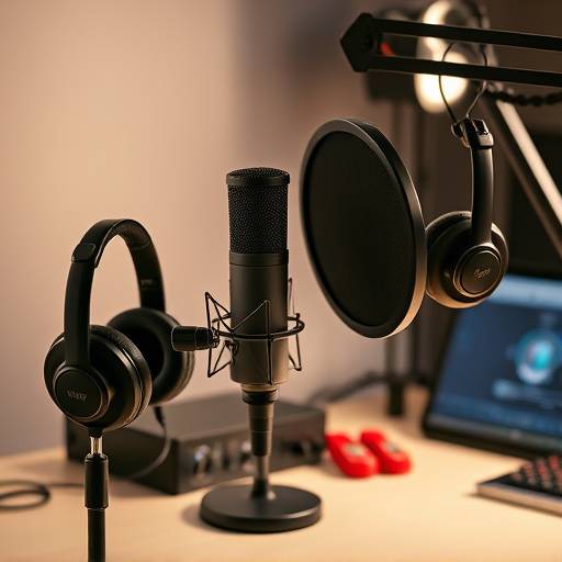 Various podcasting equipment including a microphone, headphones, audio interface, and pop filter.